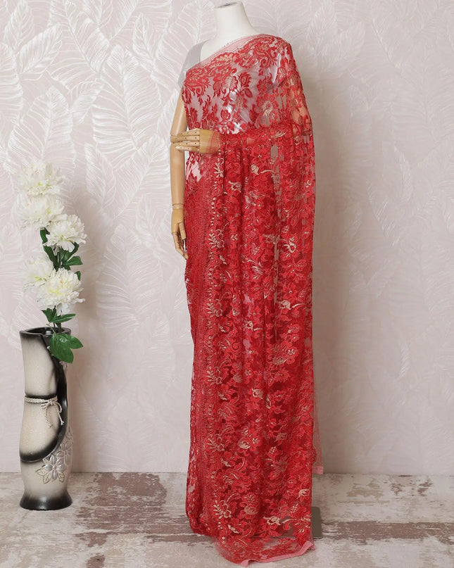 Red, gold Premium pure French metallic chantilly lace saree in floral design-D16091 Regal Fabrics