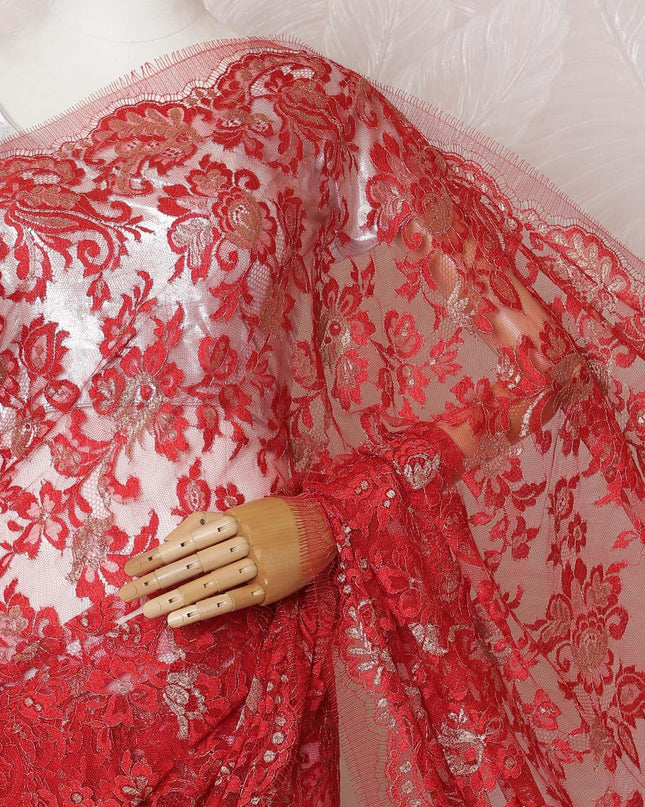 Red, gold Premium pure French metallic chantilly lace saree in floral design-D16091 Regal Fabrics