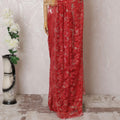 Red, gold Premium pure French metallic chantilly lace saree in floral design-D16091