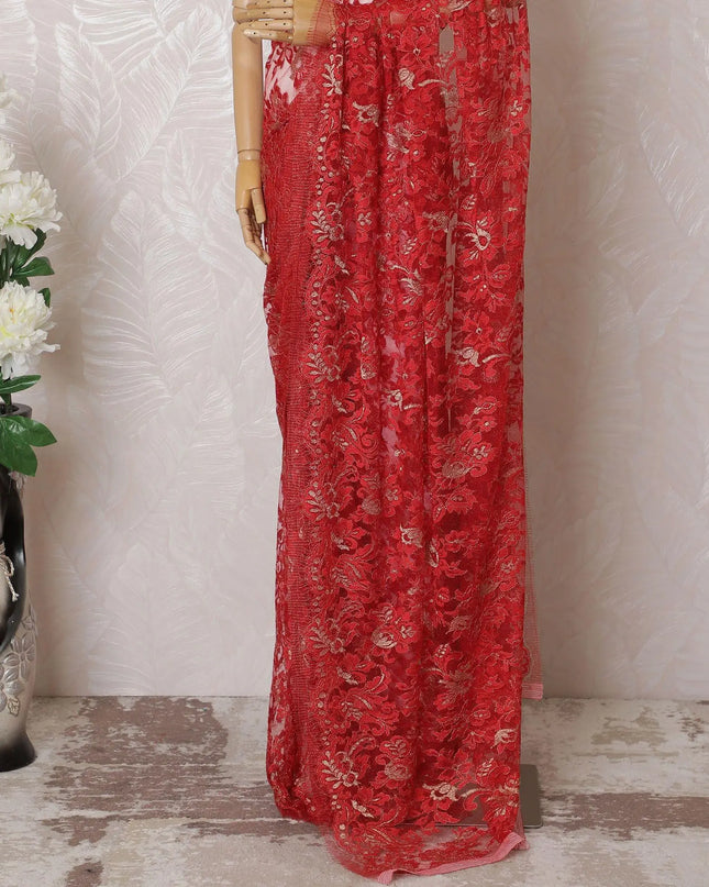 Red, gold Premium pure French metallic chantilly lace saree in floral design-D16091 Regal Fabrics