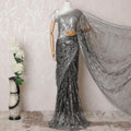 Black, gold, silver Premium pure French metallic chantilly lace saree having stone work in floral design-D16099