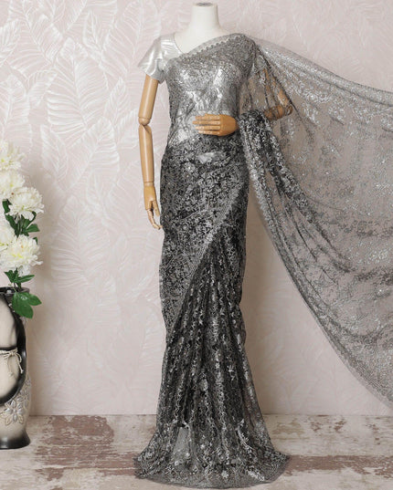 Black, gold, silver Premium pure French metallic chantilly lace saree having stone work in floral design-D16099