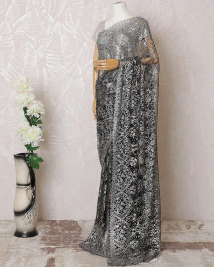 Black, gold, silver Premium pure French metallic chantilly lace saree having stone work in floral design-D16099