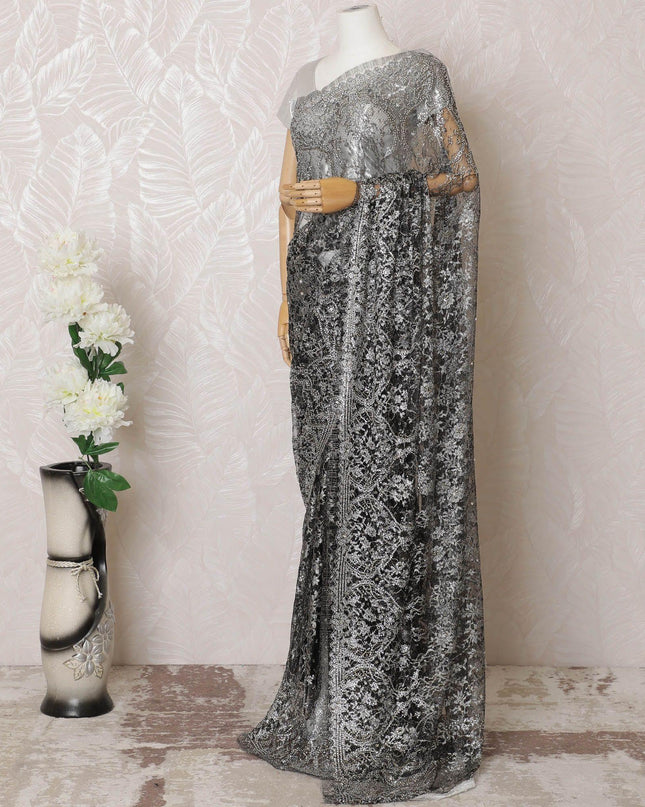 Black, gold, silver Premium pure French metallic chantilly lace saree having stone work in floral design-D16099