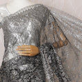 Black, gold, silver Premium pure French metallic chantilly lace saree having stone work in floral design-D16099