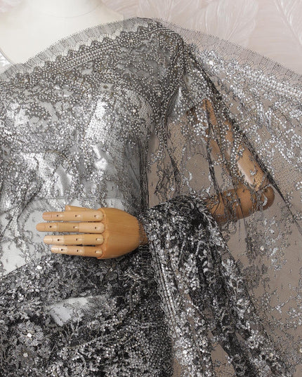 Black, gold, silver Premium pure French metallic chantilly lace saree having stone work in floral design-D16099