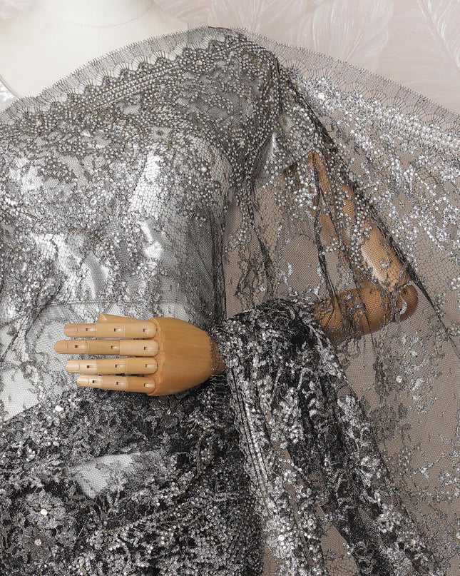 Black, gold, silver Premium pure French metallic chantilly lace saree having stone work in floral design-D16099