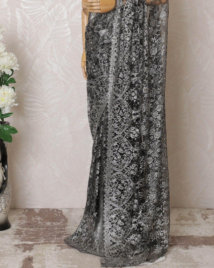 Black, gold, silver Premium pure French metallic chantilly lace saree having stone work in floral design-D16099