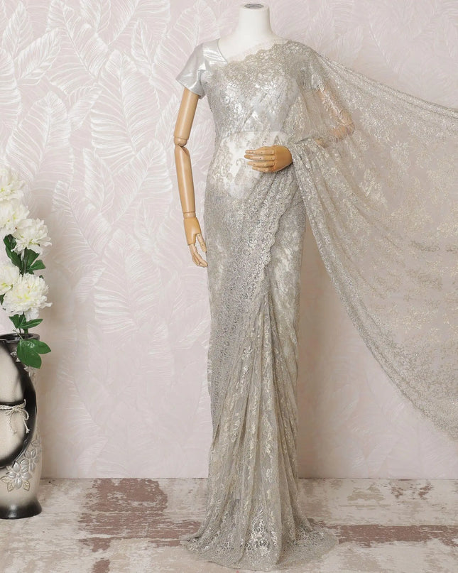 Pearl grey, gold Premium pure French metallic chantilly lace saree having stone work in floral design-D16100 Regal Fabrics