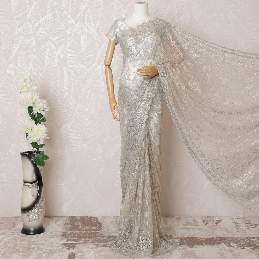 Pearl grey, gold Premium pure French metallic chantilly lace saree having stone work in floral design-D16100