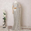 Pearl grey, gold Premium pure French metallic chantilly lace saree having stone work in floral design-D16100