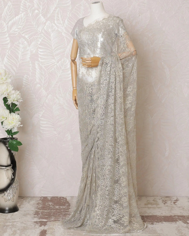 Pearl grey, gold Premium pure French metallic chantilly lace saree having stone work in floral design-D16100 Regal Fabrics