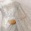 Pearl grey, gold Premium pure French metallic chantilly lace saree having stone work in floral design-D16100