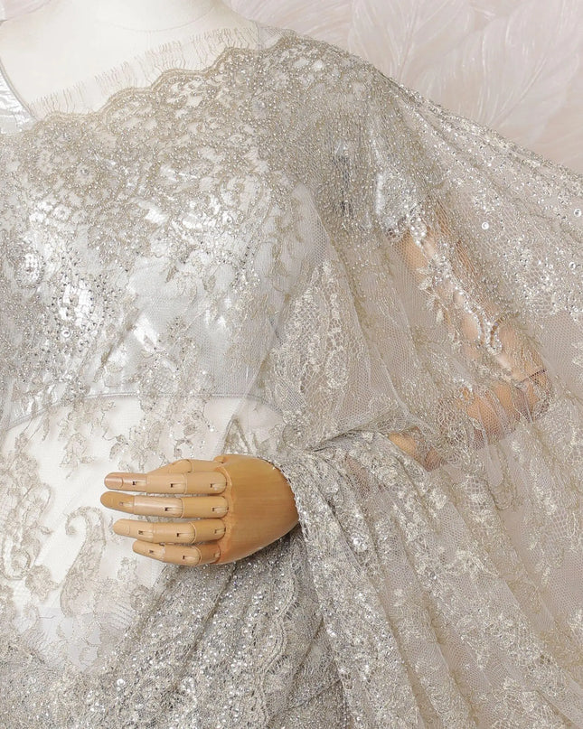 Pearl grey, gold Premium pure French metallic chantilly lace saree having stone work in floral design-D16100 Regal Fabrics