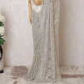 Pearl grey, gold Premium pure French metallic chantilly lace saree having stone work in floral design-D16100