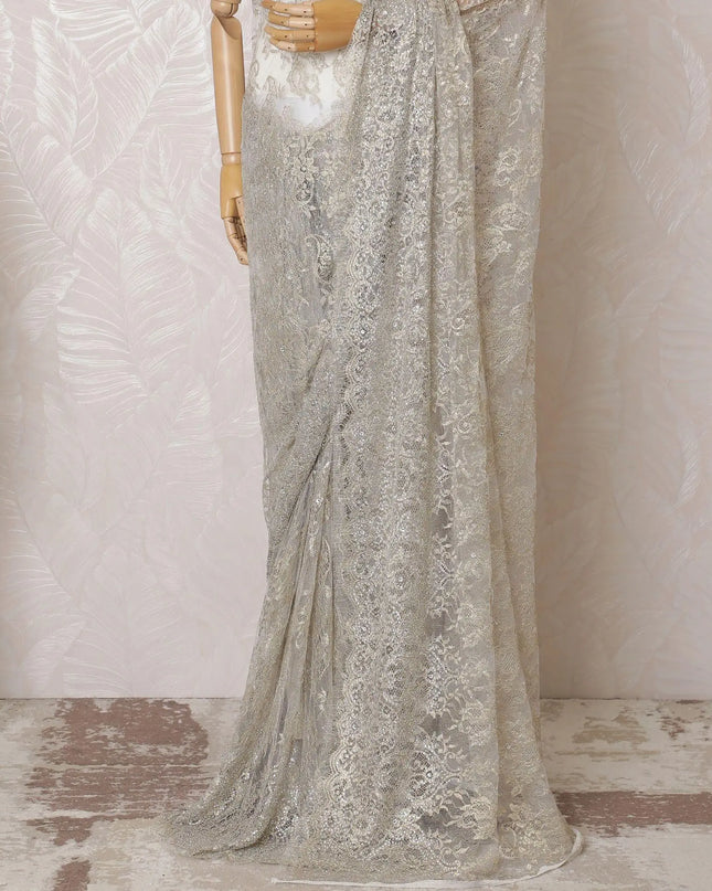 Pearl grey, gold Premium pure French metallic chantilly lace saree having stone work in floral design-D16100 Regal Fabrics