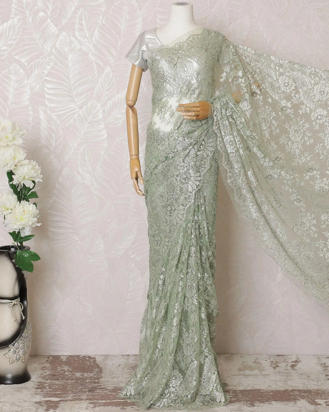 Mint green, multicolor Premium pure French metallic chantilly lace saree having stone work in paisley design-D16102 Regal Fabrics