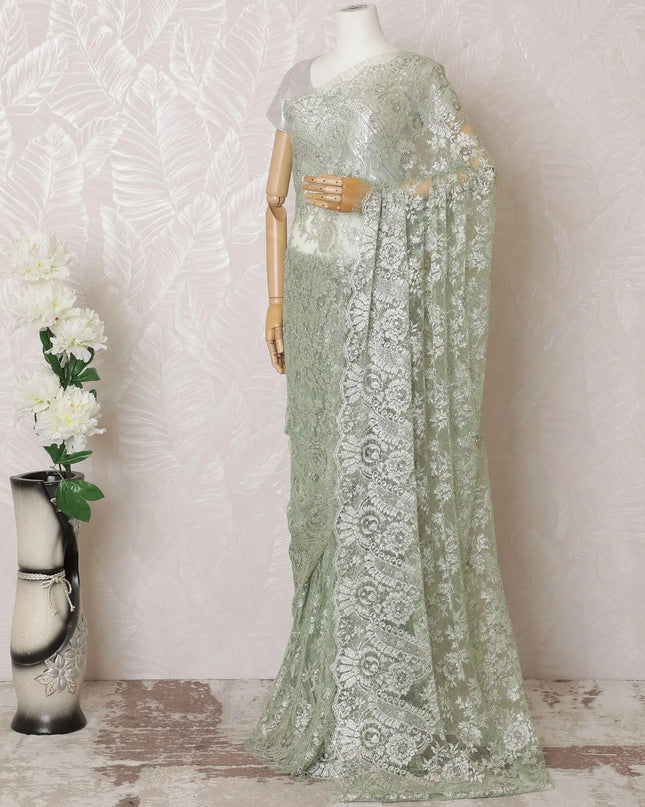 Mint green, multicolor Premium pure French metallic chantilly lace saree having stone work in paisley design-D16102 Regal Fabrics
