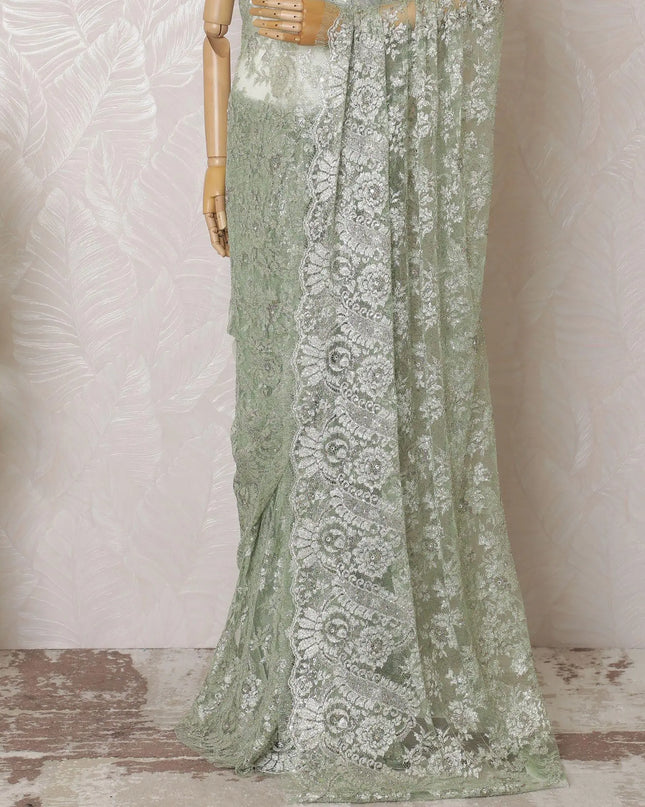 Mint green, multicolor Premium pure French metallic chantilly lace saree having stone work in paisley design-D16102 Regal Fabrics