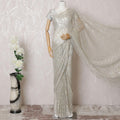 Light beige, gold, silver Premium pure French metallic chantilly lace saree having stone work in stripe design-D16104