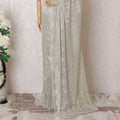 Light beige, gold, silver Premium pure French metallic chantilly lace saree having stone work in stripe design-D16104