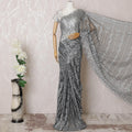 Black, greyish silver Premium pure French metallic chantilly lace saree having stone work in floral design-D16106