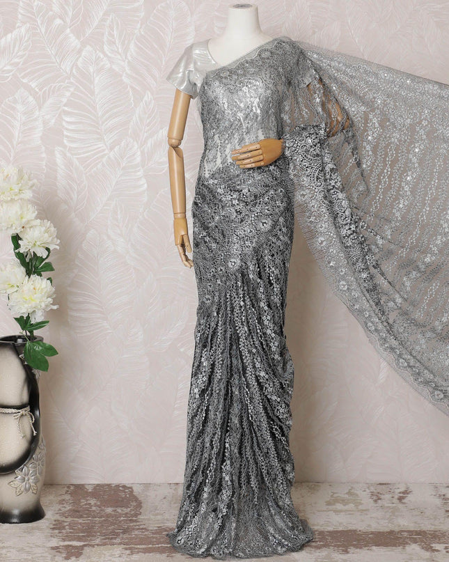 Black, greyish silver Premium pure French metallic chantilly lace saree having stone work in floral design-D16106