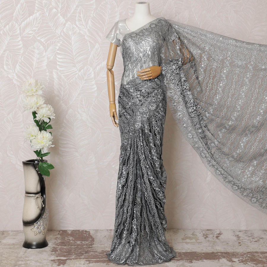 Black, greyish silver Premium pure French metallic chantilly lace saree having stone work in floral design-D16106