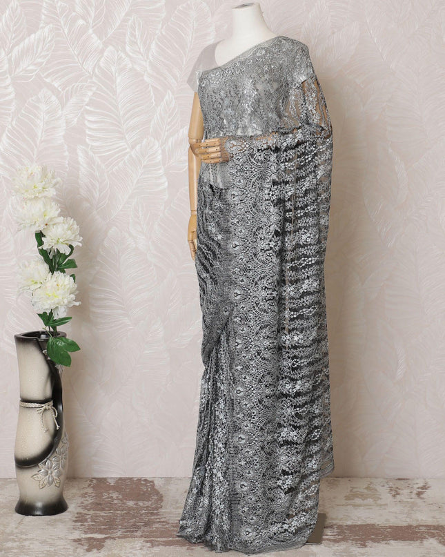 Black, greyish silver Premium pure French metallic chantilly lace saree having stone work in floral design-D16106