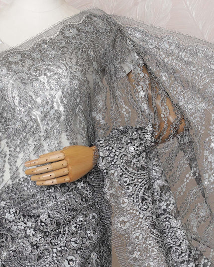 Black, greyish silver Premium pure French metallic chantilly lace saree having stone work in floral design-D16106