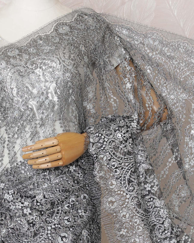 Black, greyish silver Premium pure French metallic chantilly lace saree having stone work in floral design-D16106