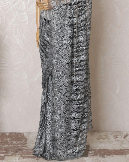 Black, greyish silver Premium pure French metallic chantilly lace saree having stone work in floral design-D16106