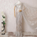 Pale pink, silver Premium pure French metallic lace saree having stone work in paisley design-D16108