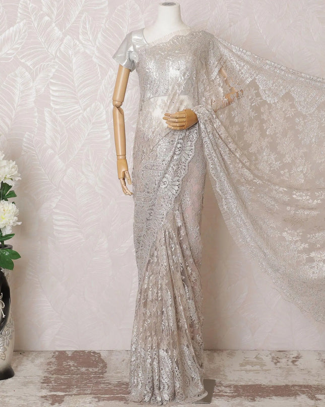 Pale pink, silver Premium pure French metallic lace saree having stone work in paisley design-D16108 Regal Fabrics