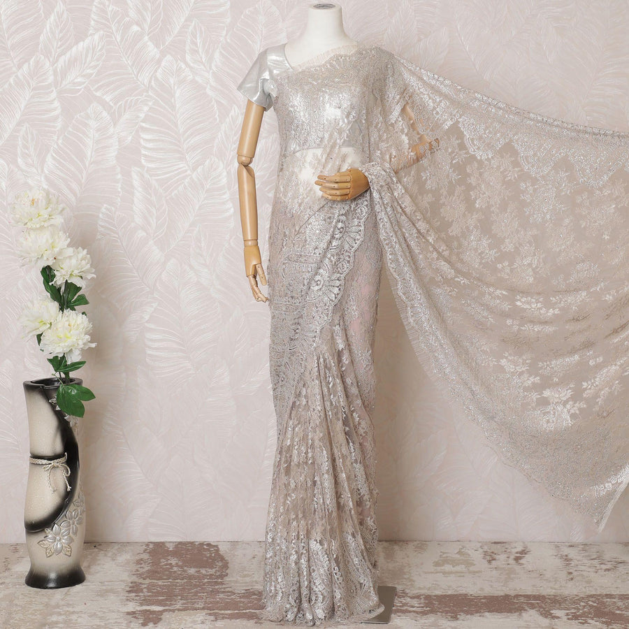 Pale pink, silver Premium pure French metallic lace saree having stone work in paisley design-D16108