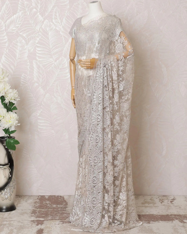 Pale pink, silver Premium pure French metallic lace saree having stone work in paisley design-D16108 Regal Fabrics