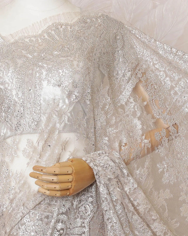 Pale pink, silver Premium pure French metallic lace saree having stone work in paisley design-D16108 Regal Fabrics