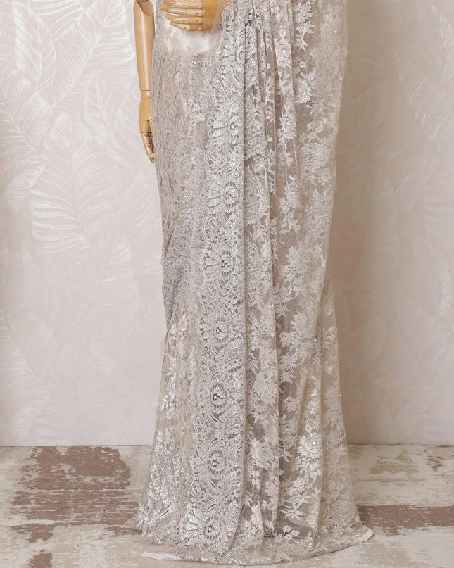 Pale pink, silver Premium pure French metallic lace saree having stone work in paisley design-D16108 Regal Fabrics