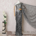 Black, grey, silver Premium pure French metallic chantilly lace saree having stone work in stripe design-D16112