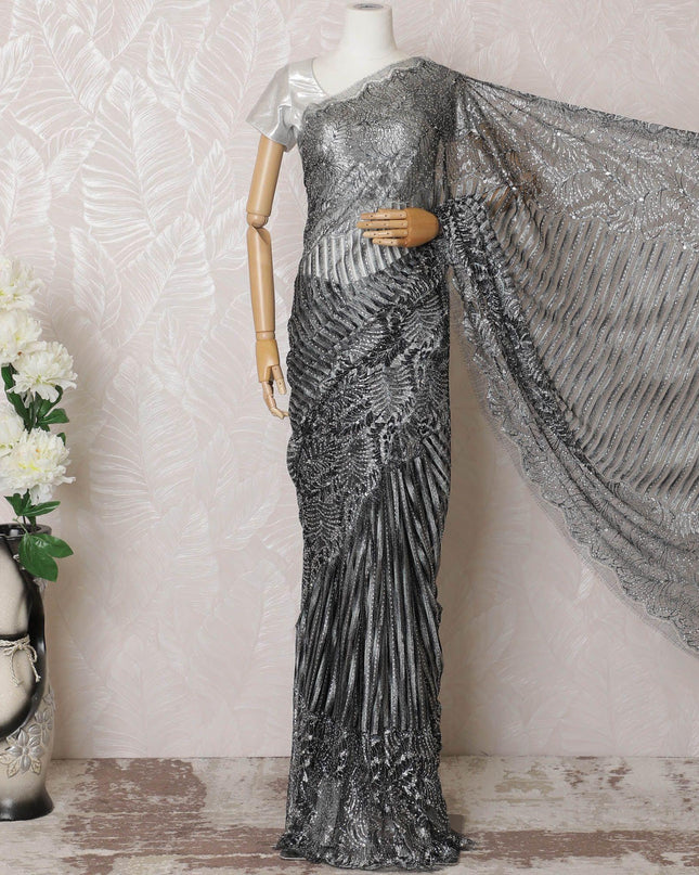 Black, grey, silver Premium pure French metallic chantilly lace saree having stone work in stripe design-D16112
