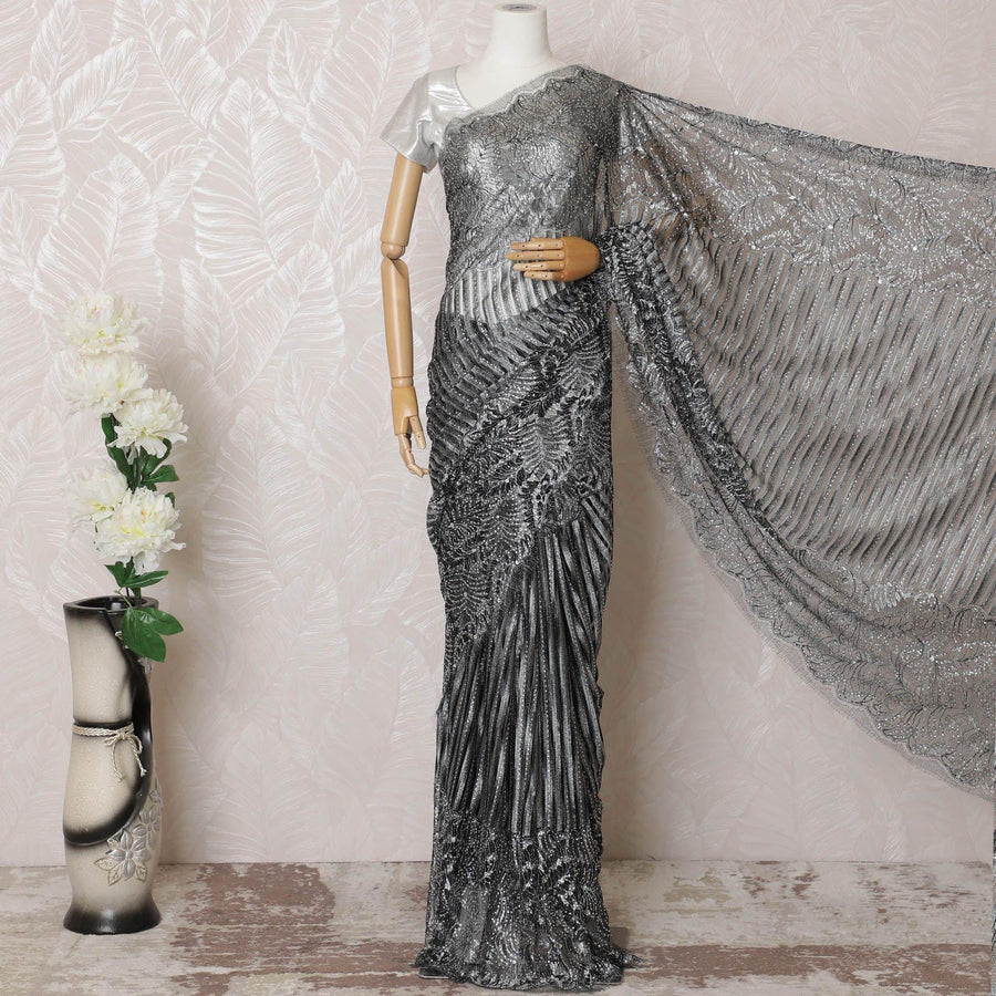 Black, grey, silver Premium pure French metallic chantilly lace saree having stone work in stripe design-D16112