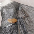 Black, grey, silver Premium pure French metallic chantilly lace saree having stone work in stripe design-D16112