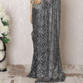 Black, grey, silver Premium pure French metallic chantilly lace saree having stone work in stripe design-D16112