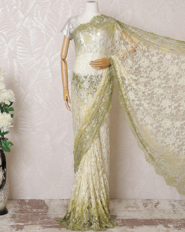 Blonde yellow, Olive green Premium pure French chantilly lace saree having stone work in ombre design-D16114