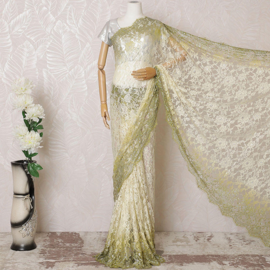 Blonde yellow, Olive green Premium pure French chantilly lace saree having stone work in ombre design-D16114