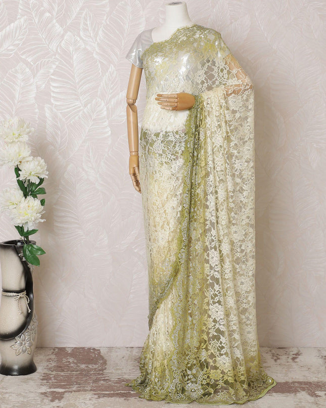 Blonde yellow, Olive green Premium pure French chantilly lace saree having stone work in ombre design-D16114