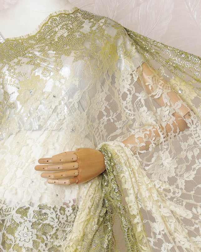 Blonde yellow, Olive green Premium pure French chantilly lace saree having stone work in ombre design-D16114