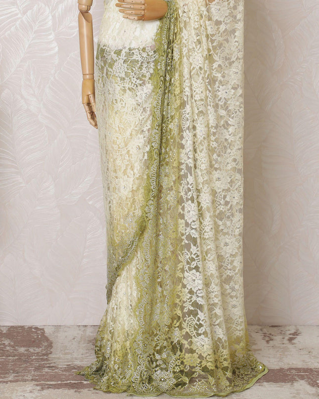 Blonde yellow, Olive green Premium pure French chantilly lace saree having stone work in ombre design-D16114