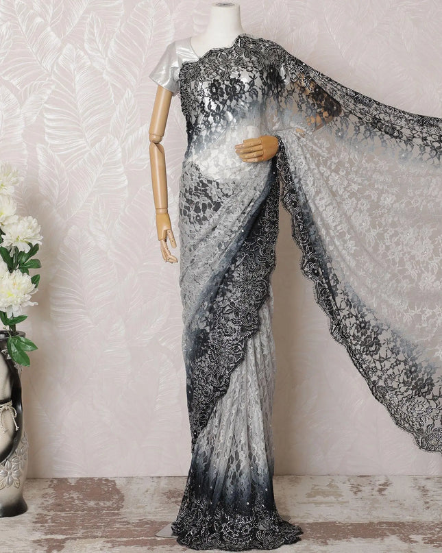 Pearl grey, Black Premium pure French chantilly lace saree having stone work in ombre design-D16117 Regal Fabrics