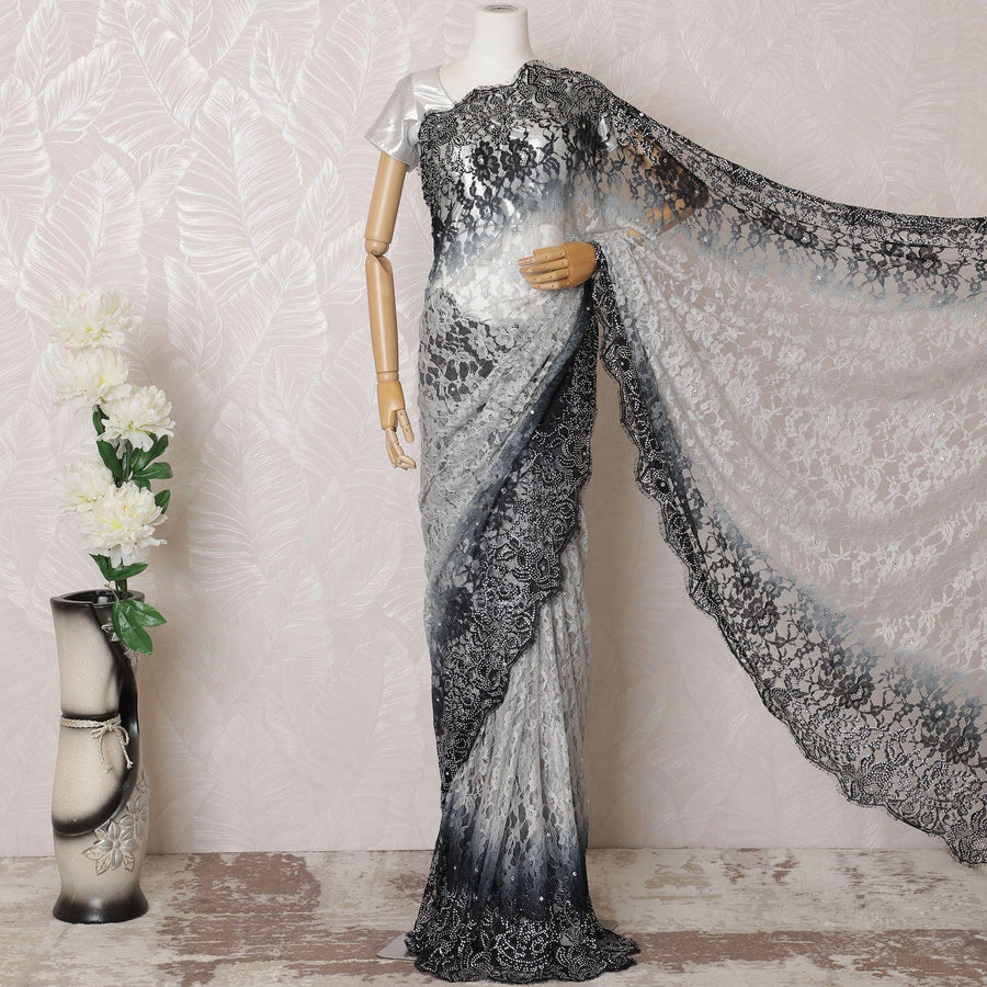 Pearl grey, Black Premium pure French chantilly lace saree having stone work in ombre design-D16117